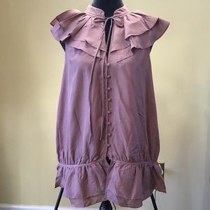 Ann Taylor-Loft 100% Silk Tan Blouse, Size-Large.
